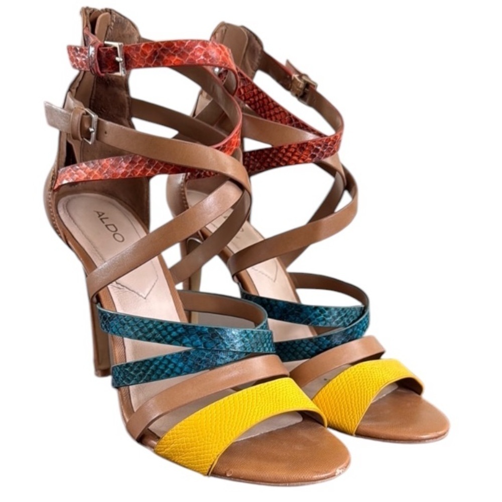 Aldo multicolor, snakeskin strap, high heels, sandals size 8.5